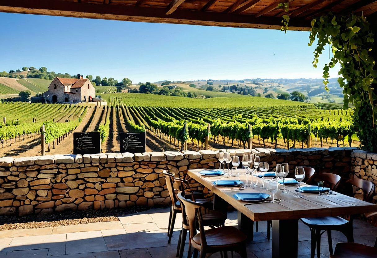 A beautiful vineyard landscape with rows of grapevines under a clear blue sky, a trendy wine bar in the foreground showing tasting glasses and bottles, subtle figures engaging in trade, and a subtle overlay of historic maps and wine trends in the background. The scene should evoke a sense of exploration and enjoyment, with warm, inviting colors. super-realistic. vibrant colors. 3D.