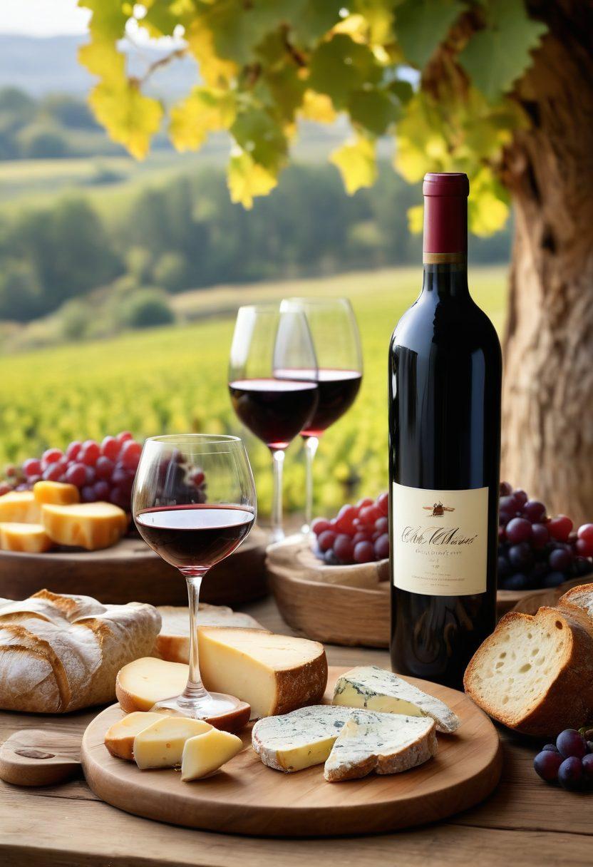 A rustic wooden table elegantly set with an array of wine glasses filled with different wines, accompanied by gourmet cheese, fruits, and artisanal bread. Soft natural lighting filters through a vineyard backdrop, highlighting a corkscrew and a bottle of wine. Include a person savoring a sip with a contemplative expression, capturing the essence of wine pairing. super-realistic. vibrant colors. warm tones.