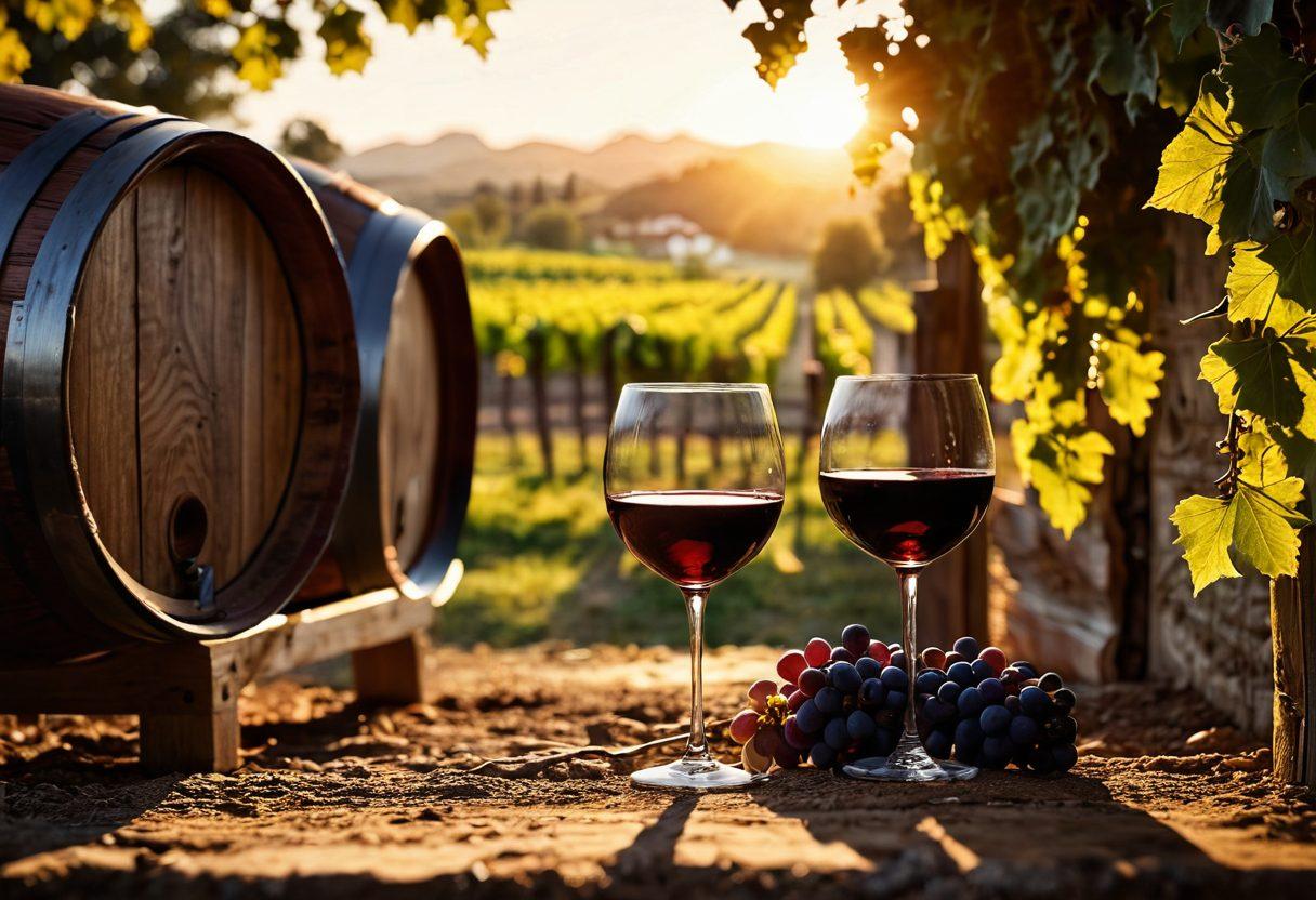A picturesque vineyard at sunset, with rows of lush grapevines leading up to a cozy rustic winery. A wine glass filled with a rich red wine sits prominently in the foreground, reflecting the golden sunlight. In the background, a sommelier is passionately discussing wine with a couple near a wooden barrel. Light bokeh effects enhance the warm ambiance, evoking a sense of exploration and appreciation for wine. super-realistic. vibrant colors. warm lighting.